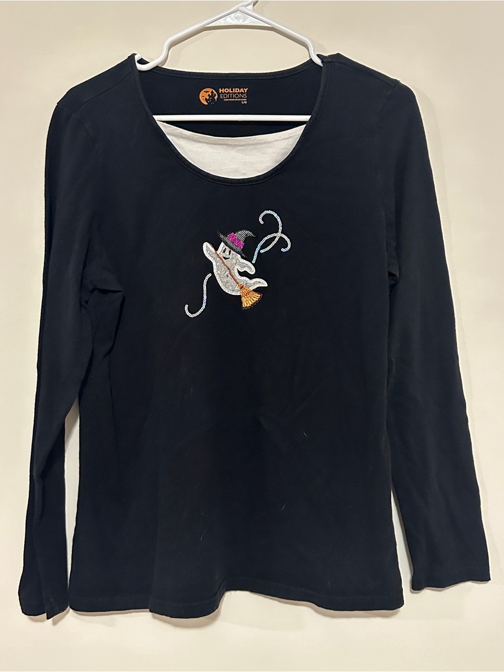 Holiday Editions Long Sleeve Tee Shirt Women's Black Sequin Halloween Ghost Sz L